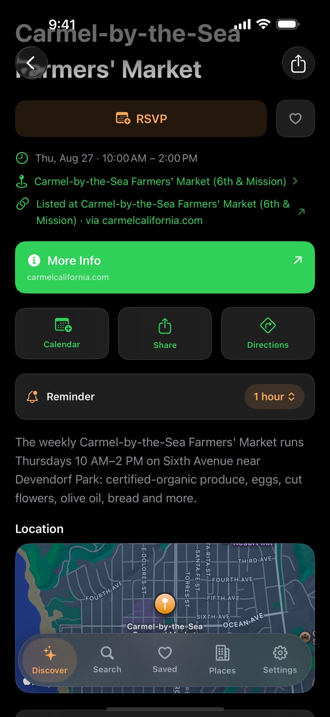 Event detail screen with RSVP, calendar, share, directions and a reminder control