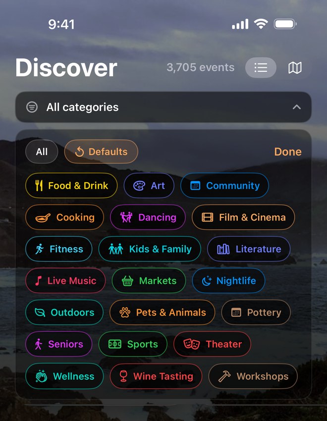 The Monterey Events discovery screen with the full category grid — food and drink, live music, markets, theater, wine tasting and more